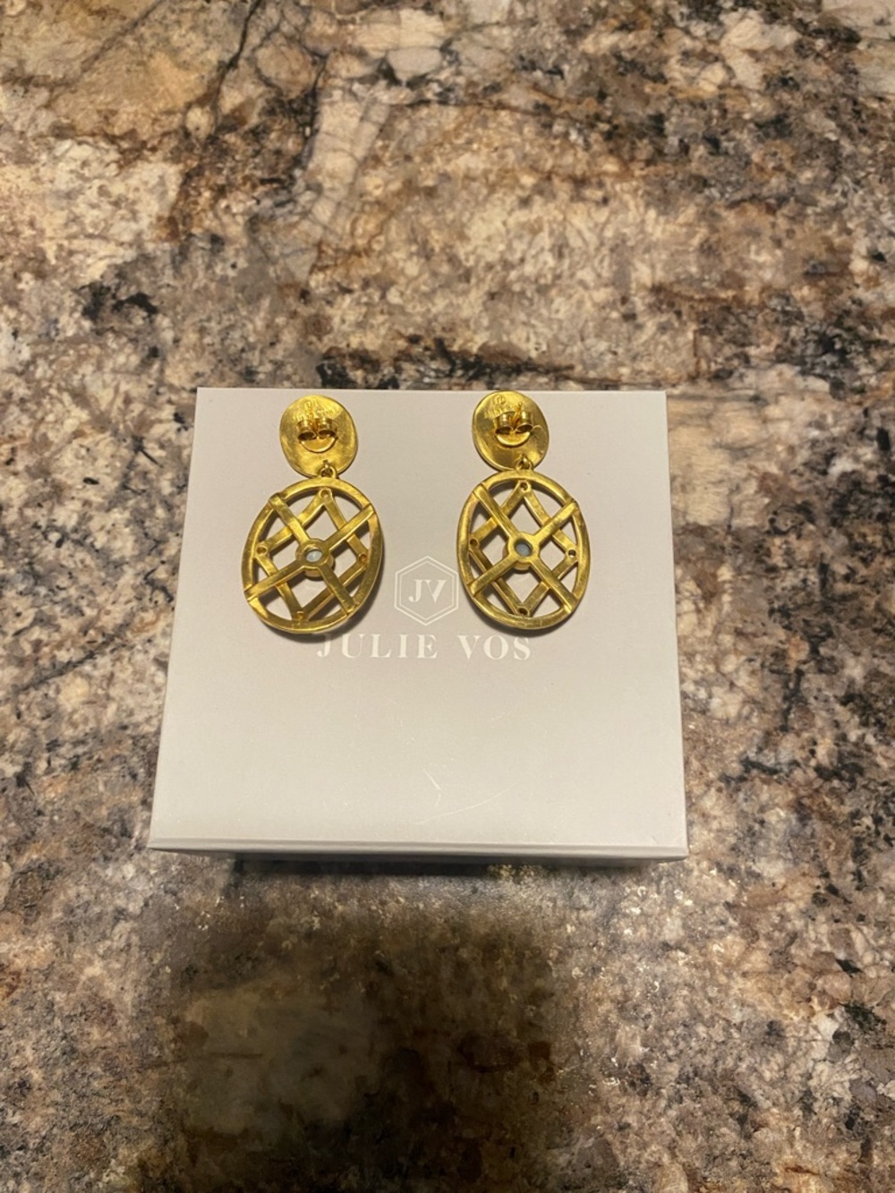 Julie Vos Matte Gold Lattice Drop Earrings with Blue Center - Picture 2 of 3